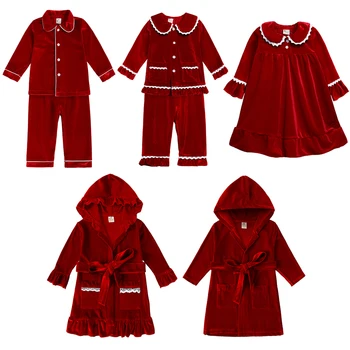 2023 Kalėdų Pižamos Vaikams Raudonos Aksomo Šiltų Drabužių Šeimos Rungtynės Boy Girl Dress Rūbeliai Kalėdos Nustatyti Vaikų Pižama Kostiumas