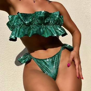 2023 Nauja Tendencija Moterų Blizga Žalia Gyvatė Spausdinti Pynimas Pleate Push Up maudymosi kostiumėlį Paplūdimio Maudymosi Kostiumėlis 2 dalių Seksualus Bikini Nustatyti maudymosi Kostiumėliai