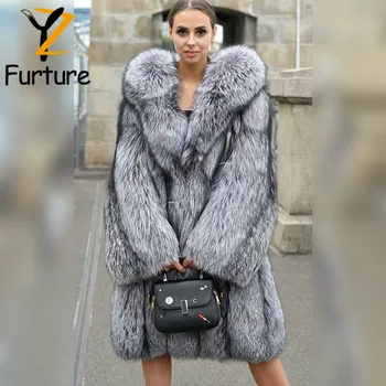2023 Žiemos Drabužių Moterims Nekilnojamojo Silver Fox Fur Storas Paltas Su Kailio Gaubtai Šiltas Paltas Originali Aukštos Kokybės Sijonas Linijos Ilgi Paltai