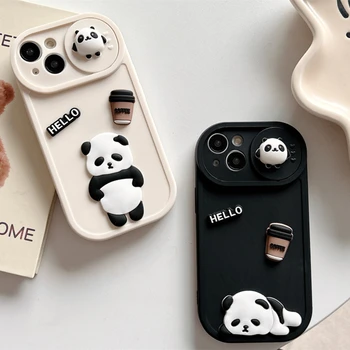 3D Mielas Panda Animacinių filmų Telefoną Atveju iPhone15 14 13 12 Pro Max 11 Stumti Lange Skaidrių Kameros Apsaugos atsparus smūgiams Silikoninis Dangtelis