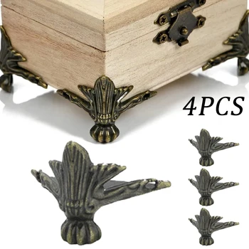 4PCS Antikvariniai Kampe Raštas Bronzos Papuošalai Krūtinės Dėžutė Medinė Atveju Dekoratyvinis Kojų, Kojos Metalinės Kampe Raštas Aparatūros Laikiklis