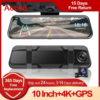 ACCEO 4K Brūkšnys Cam Automobilių DVR 10 Colių Jutiklinis Veidrodis DVR Vaizdo įrašymo Registrator Remti 1080P Galinio vaizdo Kamera Juodosios dėžės Automobilyje