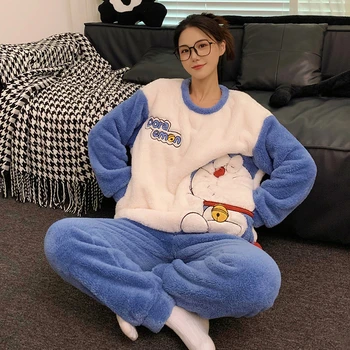 Anime Doraemon Modelis Moterų Pižama Nustatyti Suaugusiųjų Sleepwear Žiemos Tirštėti Pižamos Homewear Koralų Aksomo Pijama Loungewear Drabužiai