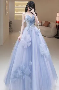 Apsvaiginimo Promenadzie Suknelė Šviesiai Mėlyna Šalis Quinceanera Suknelės Brangioji Klostes Tiulio su Drugelio Aplikacijos