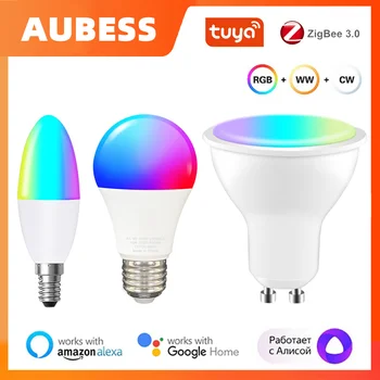 Aubess Tuya WiFi ZigBee Smart Pritemdomi Magija Lemputė E14 E14 GU10 RGBCW LED Lemputė Pažangaus Gyvybės APP 