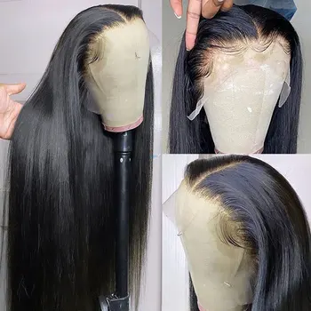 Aukštos Kokybės Sintetinių Plaukų 13x4 Nėriniai Priekiniai Perukas Glueless Tiesiai Karščiui Atsparus Pluoštas Plaukų Prieš Nupeštos Valsčiaus Moterims, Perukai