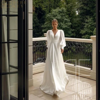Baltos spalvos Šifono Plius Dydis Vestuvių Suknelė Moterims 2024 Nuotaka ilgomis Rankovėmis V-Kaklo Elegantiškas Moterų Suknelės, Vestuvių Suknelė Moteris