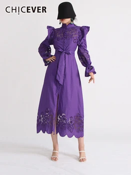 CHICEVER Siuvinėjimo Nėrinių Suknelės Moterims Stovėti Apykaklės Blyksnius Rankovėmis Aukštos Juosmens Spliced Nėrinių Elegantiškas, Kietas Midi Suknelė Moteris