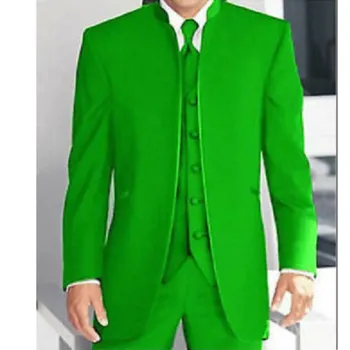 Custom 3 Gabalas Žalia Mandarinų Apykaklės Kostiumai, vyriški Oficialią Vestuvių Nr. Mygtuką Šalies Tuxedos