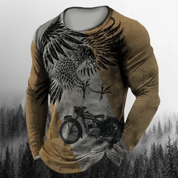 Derliaus vyriški ilgomis Rankovėmis Marškinėliai Motociklo Spausdinti Tees Gyvūnų Eagle Modelis T-Marškinėliai Vyrams, Drabužiai Atsitiktinis Negabaritinių Viršūnes 5xl