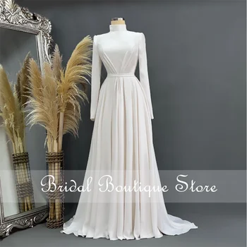 Dubajus Undinė Vestuvių Suknelės Moterims 2023 Satino ilgomis Rankovėmis Elegantiškas Aukšto Kaklo Vestuvinės Suknelės Klostes فساتين زفاف 