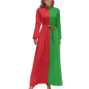 Dviejų Tonų Dizaino Suknelė Ilgomis Rankovėmis Raudona Žalia Elegantiškas Maxi Suknelė Aukštu Kaklu Street Wear Modelis Bohemijos Ilgos Suknelės Gimtadienio Dovana
