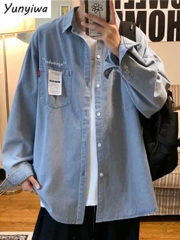Džinsinio Marškinėliai Vyrams ilgomis rankovėmis korėjos Tendencija, Aukštos klasės Įrankiai Marškinėliai Honkongo Stiliaus Japonijoje Pavasario Rudens Atsitiktinis Striukė