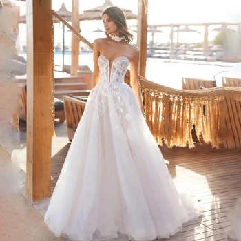 Elegantiškas A-Line Wedding Dresses Moterų Seksualus V-Kaklo, Atvira nugara Nėrinių Aplikacijos Princesė Vestuvinės Suknelės Oficialaus Paplūdimio Šaliai, Skraistės De Mari