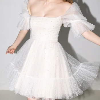 Elegantiškas Naujų Perlų Tiulio Trumpas Reljefiniai Rankovėmis Mini 2023 Vestuvių Suknelė Moterims Kvadratinių Kaklo Virš Kelio A-Line Bridal Suknelės