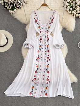 EWQ Bohemijos Siuvinėjimo Kratinys V-kaklo, Nėriniai-up ilgomis rankovėmis Aukštos Juosmens Elegantiškas Moterų Suknelė iki 2023 m. Rudenį Naujų Suknelių 27SN2640