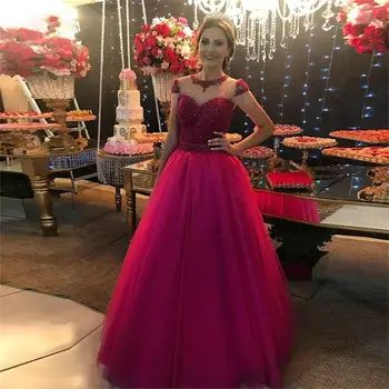 Fuksija Duobute Perlai Viršuje Princesė-Line Vakaro Suknelės Bžūp Rankovėmis Iliuzija Atgal Dubajus Arabų Oficialią Vakaro Suknelės, Šaliai