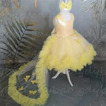 Geltonos Spalvos Gėlių Mergaitės Suknelė Mielas Pūkuotas Tiulio Sviestas Aplikacijos Rankovių Sparkle Vaiko Gimtadienio Komunijos Metu Prom Šalis Suknelė
