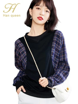 H Han Karalienė Rudenį Marškinėlius Dėvėti Darbo Atsitiktinis Marškinėliai Ilgomis Rankovėmis Viršūnes Korėjos O-Kaklo Pledas Paprasta Serija Kratinys Moterų Tees