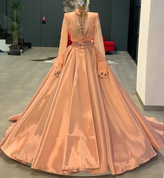 Haute Couture Prom Dresses Kamuolys Suknelė su V-kaklo, ilgomis Rankovėmis Zawalcowany Saudo Arabija Dubajus Chalatas De Soiree vakarinę Suknelę Suknelė