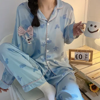 Iki 2023 m. Rudenį Moterys Sleepwear Pajama Šilko Atvartas Cardigan kaklo Pižamą Long rankovėmis, kelnes Spausdinimo Nekilnojamojo Šilko Pijama Homewear Kostiumas