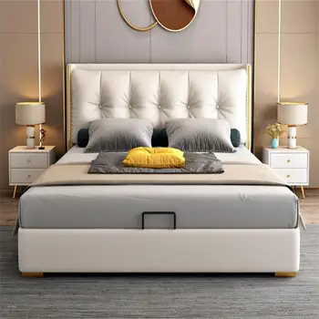 Italijos šviesos prabangus odinis lova modern paprastas miegamasis