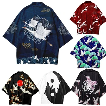Japonų Stiliaus Tradicinių Krano Spausdinti Kimono Naują Atvykimo Vyrų Yukata Megztinis Marškinėliai Cosplay Haori Streetwear Viršūnės