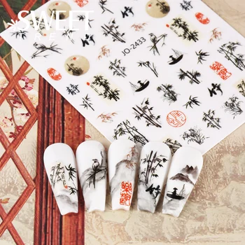 Kinų Simbolių Nagų Lipdukai Gėlės Bambuko Lapų Slankmačiai Moutain Krano Paukščių Raidės, Lipdukai Japonijos Manikiūro Papuošalai