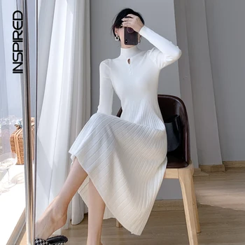 Korėjos Mados Megzti Suknelę Moteris 2023 Rudens Žiemos Pusė Golfo ilgomis Rankovėmis Suknelės Moterims Paprasta Priemiestinių Midi Suknelė