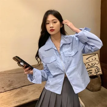 Korėjos stiliaus moterų laisvi marškinėliai ilgomis rankovėmis trumpą stiliaus dvigubas užtrauktukas