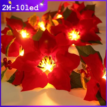Led Kalėdų Poinsettia Gėlių Girlianda Žibintai su Raudonos Uogos Holly Lapai 2 5AA Baterija Apšvietimo String Gėlių Lempos