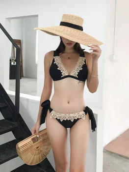 Maudymosi Kostiumėliai, Bikini Ponios Korėja 2023 Naujas Seksualus Trijų Taškų Bikini Juoda Nėriniai Giliai V Resort Maudymosi Apynasrio Dirželis Paplūdimio Maudymosi Kostiumėlį