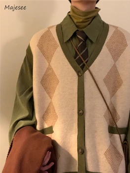 Megztinis Marškinėliai Vyrams Vieno Krūtinėmis Baggy Harajuku Rudens Žiemos Argyle Kontrasto Spalvų Japonų Stilius Paprastas Mezgimo V-kaklo, Šiltas