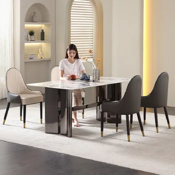 Minimalistinio natūralaus marmuro stalas ir kėdė derinys stačiakampio formos namų modernūs, prabangūs akmens pietų stalo