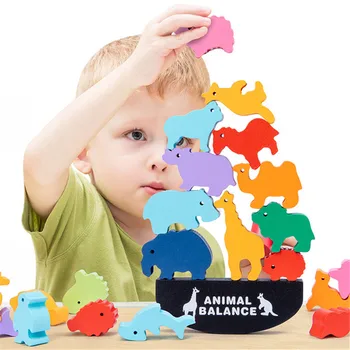 Montessori Medinių Gyvūnų Balansas Blokai Krovimas Didelio Stalo Žaidimas, Anksti Švietimo Dinozaurą-Galvosūkį Vaikams Medienos Žaislas