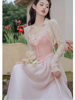 Moterys Vasarą Rausva Nėrinių Vestuvės, Ilgas Šalis Suknelė Iki 2023 M. Vasarą Prancūzijos Senovinių Pasakų Princesė Suknelė Saldus Gėlių Elagant Vestidos