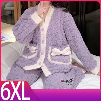 Moterys žiemą šiltas sleepwear ilgomis Rankovėmis Pižama Rinkiniai 2 Gabalus, naktiniai drabužiai Pijama Elegantiškas Naktį Apranga Namų Drabužius, Plius Dydis 6XL
