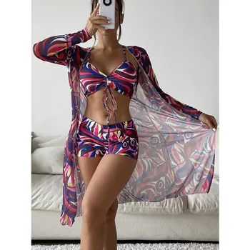 Moterų 3 Gabalas maudymosi kostiumėlį Gėlių Spausdinti Raišteliu Ruched Apynasrio Bikini Komplektas Šortai, Maudymosi Kostiumą, Kimono Padengti Iki Vasaros Paplūdimio