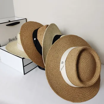 Moterų atsitiktinis šiaudų skrybėlę Saulės skydelis skrybėlę Pobūdžio rafija juostelės vienodo bencha skrybėlės melonik skrybėlę Panele, mergina atsitiktinis paplūdimio apsauga nuo saulės, kepuraitė