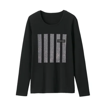 Moterų Dryžuotas Deimantų T-shirts Harajuku Prarasti Kūrybiškumą Raidžių Gręžimo T marškinėliai Mados Long Sleeve O-kaklo Viršų Medvilnės Tees