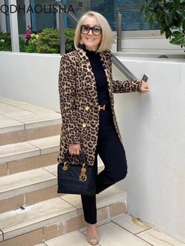 Moterų Švarkas Viršutiniai drabužiai Naują Atsitiktinis Mados Vidurio Ilgis Kostiumas Apykaklė Kailis Leopard 