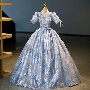 Mėlyna Princesė Quinceanera Suknelės Classic V-neck Kamuolys Suknelė Suknelė Su trumpomis Rankovėmis Elegantiškas, Grindų ilgio, Uždusęs Chalatas De Bal
