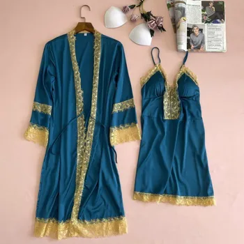 Mėlynas Naujas Chalatas, Nustatyti Moterų Atlasas Nighty&Skraiste Rinkinys Sexy Nėrinių Suknelė Kimono Moterų Atsitiktinis Miego Nustatyti, Vasaros Nauji 2VNT Sleepwear