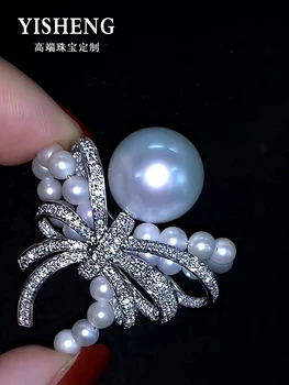 Nanyang Australija Balta Natūrali Jūros Perlas 14-15mm peteliškę sagė su 18K Aukso Inkrustacijos Diamond Turas Stipri Šviesa