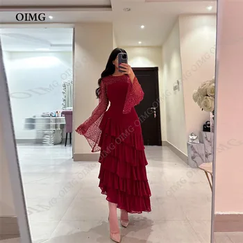 OIMG Vyno Raudona Blizga Blizgučiai Pakopų Prom Dresses Visą Rankovėmis Satino vakarinę Suknelę Chalatai Dubajus, Saudo Arabija Vestido De Noche