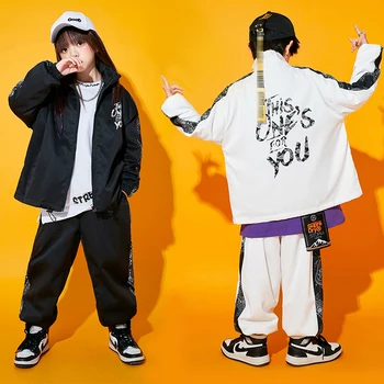 Paauglių Hip-Hop Laisvi Drabužiai ilgomis Rankovėmis, Paltai, Kelnes Tracksuit Berniukai Streetwear Mergaičių Šiuolaikinio Šokio Kostiumų Rave Dėvėti BL9650