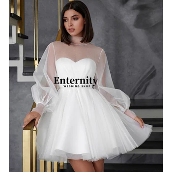 Pasakų Valtis Kaklo Linija, Vestuvių Suknelės Moterims Ilgomis Rankovėmis Nuotakos Suknelė Balta Tiulio Trumpas Chalatas De Mariage 2023 Nouveauté