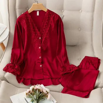 Pavasarį, Rudenį Moteriška Pižama Komplektas Burgundija Kratinys Nėrinių Sleepwear Ilgomis Rankovėmis Pijamas Tiktų Palaidi Šilko Satino Homewear Loungewear