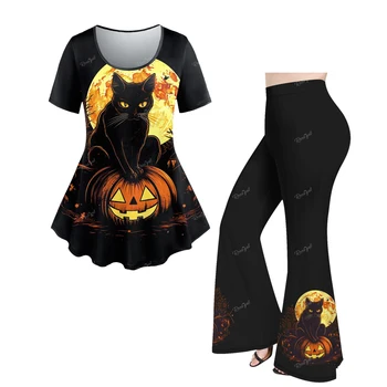 Plus Size Halloween Apranga Atsitiktinis Atspausdintas T-shirt Ar Flare Kelnės Moterims 3D Grafikos Viršūnes kelnės Atitikimo Rinkinys XS-6 VNT.