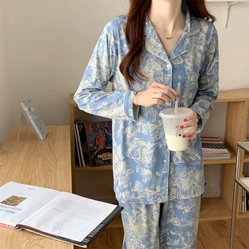 Plus Size Pajama Mujer Vyšnių Spausdinimo Sleepwear Nustatyti Long Sleeve Top+Kelnės Pynimas Homewear Odos Draugiškas Kvėpuojantis